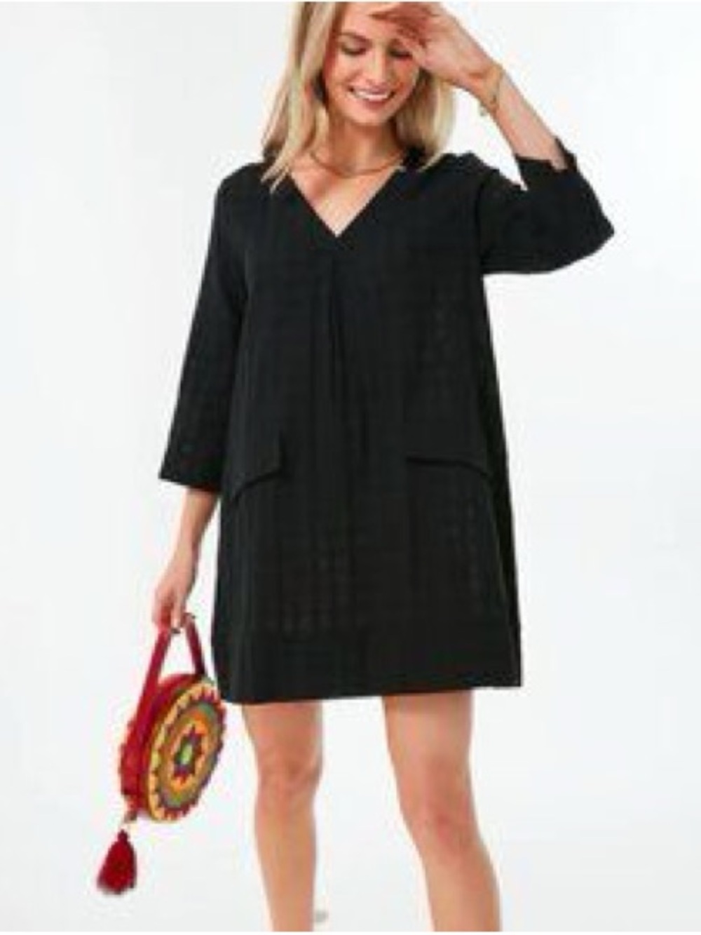 Pomander Place black v-neck caftan tunic shift mini dress sz XS